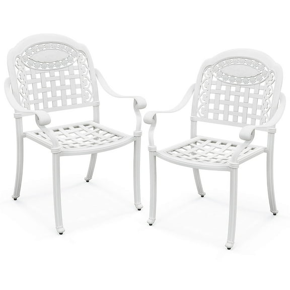Gymax Set Of 2 Patio Cast Aluminum Armrest Chairs Dining Stackable Outdoor White