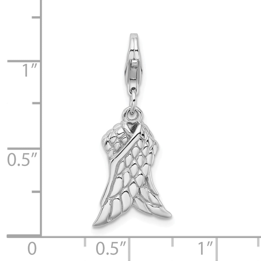 925 Sterling Silver Rhodium-plated 3-D Wings w/Lobster Clasp Charm 