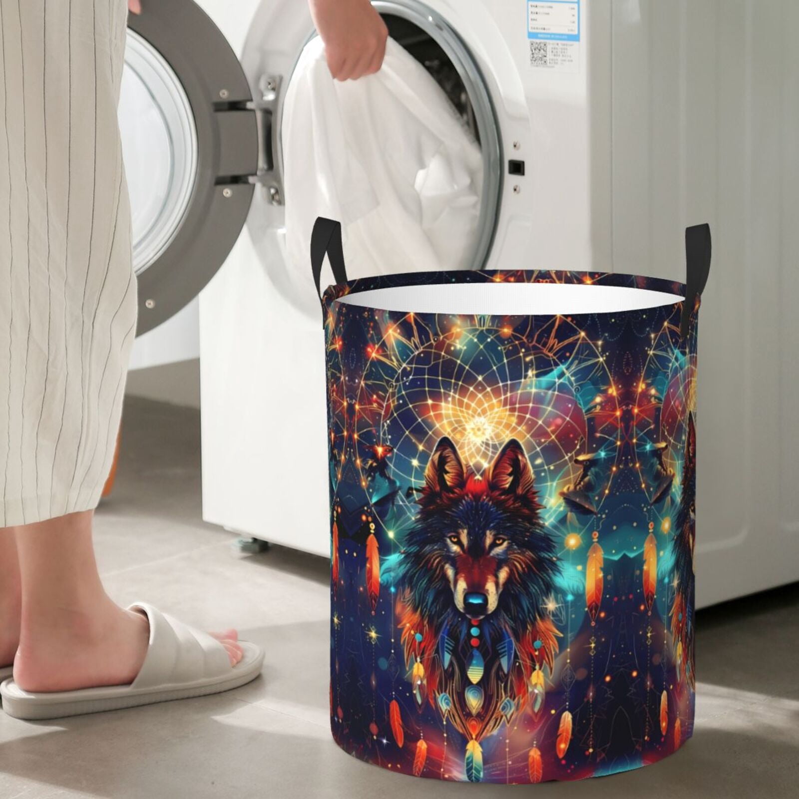 Large Laundry Basket with Handles - Mystic Wolf Dreamcatcher Kids Baby Dirty Clothes Laundry Hamper for Bedroom Aesthetic