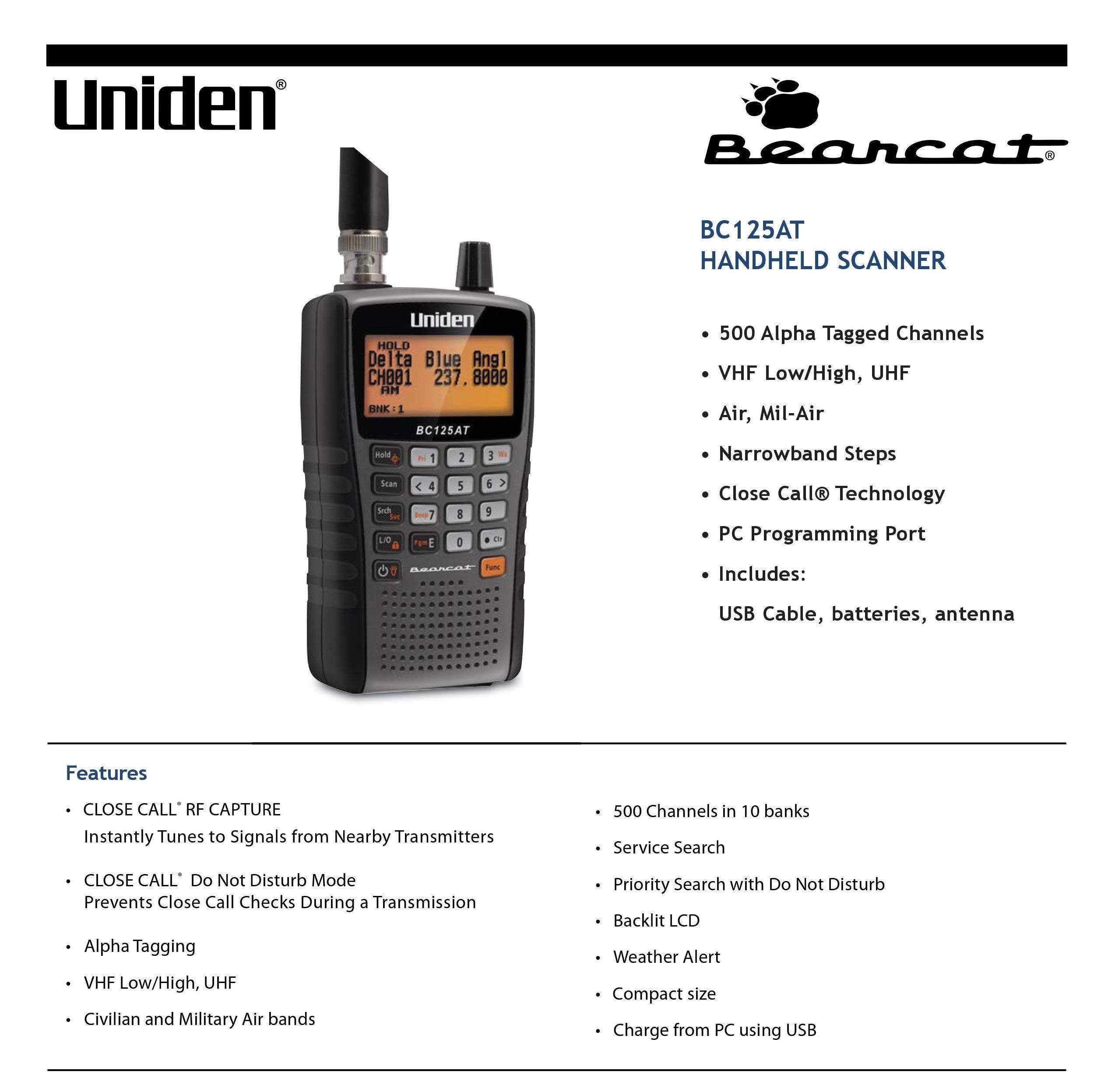 Uniden Bearcat BC125AT Handheld Scanner, 500-Alpha-Tagged Channels, Close  Call Technology, PC Programable, Aviation, Marine, Railroad, NASCAR,  Racing, and Non-Digital Police/Fire/Public Sa
