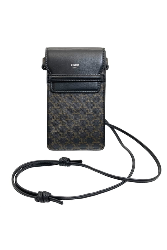 Pre-Owned Celine Triomphe Canvas and Lambskin Flap Mobile Pouch Shoulder Bag in Black for Women