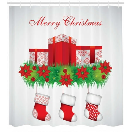 Christmas Shower Curtain Stockings Hanging For Santa Mistletoe