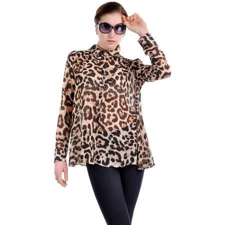 - Anna-Kaci S/M Fit Yellow Leopard Print Slight Puff Shoulder Opaque Button Blouse