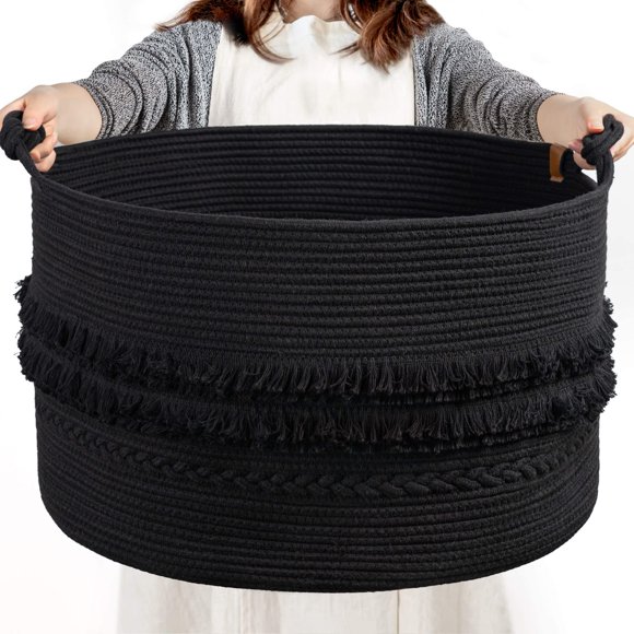 CherryNow Cesta extra grande para la colada negra, cesta de almacenamiento de cuerda para baño, dormitorio, sala de estar, entrada, cesta grande para almohadas, juguetes, ropa, 22 x 14 pulgadas