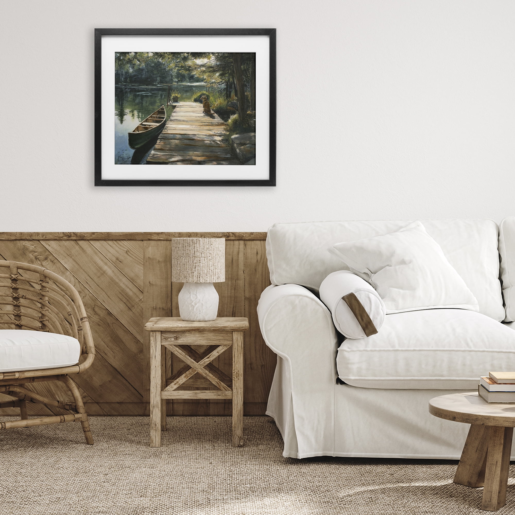 Lake Life Dog on Dock Black Framed Print Under Glass, design by Sara Culpepper