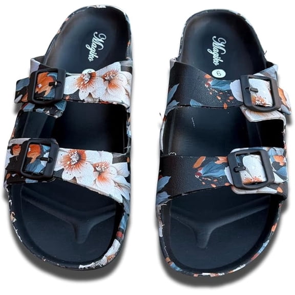 Magiko Slides Sandals for Women/Men, Adjustable Double Buckle EVA Flip-Flops Pillow Slippers, Floral Black-2 , Size 10