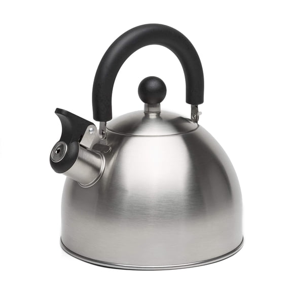 Stewart Whistling Tea Kettle for Stovetop, Stainless Steel Stove Top Kettle with Fast Boil Whistling Spout and Cool Touch Folding Handle, 1.5-Quart, Brushed Silver with Black Handle