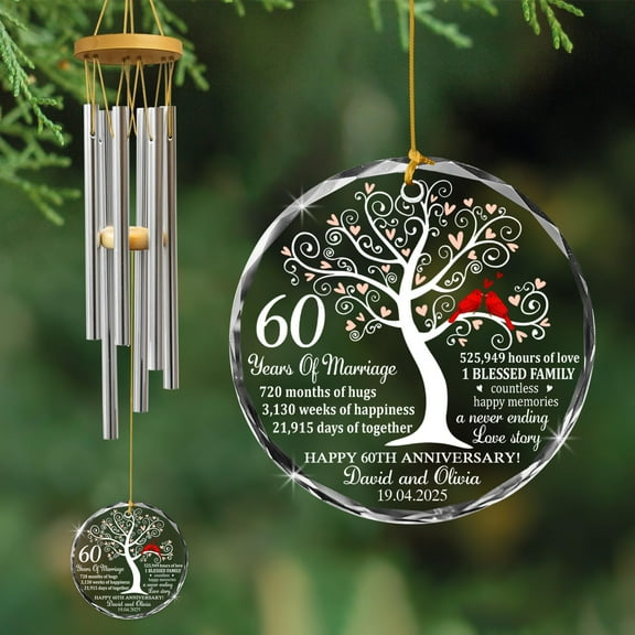 Personalized 60th Personalized Wind Chimes Wedding Gift for Couple Parents Birthday Christmas Valentine’s Day Diamond Anniversary Outdoor Custom Engraved Chime Ornament