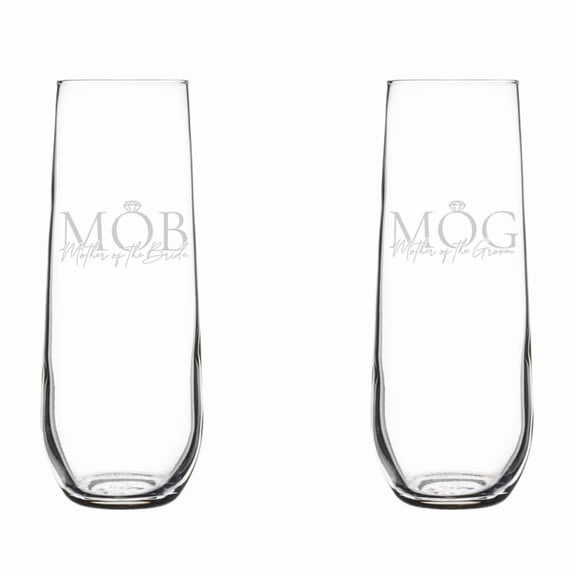 Set of 2 Glass Champagne Flutes Sparkling Wine Glasses Gift MOB MOG Mother Of The Bride Mother Of The Groom Ring (8.5 oz Stemless)