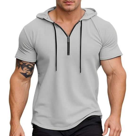 MIXUE Shirts For Men Summer Solid Color Hooded Zipper Short Sleeve Slim Fit Casual Pullover Tops T-shirts Activewear,Gray,XXL
