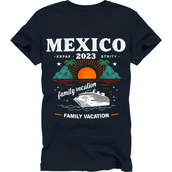 Retro Sunset Graphic Black T-Shirt Mexico 2023 Family Vacation Design with Trees & Cruise Ship