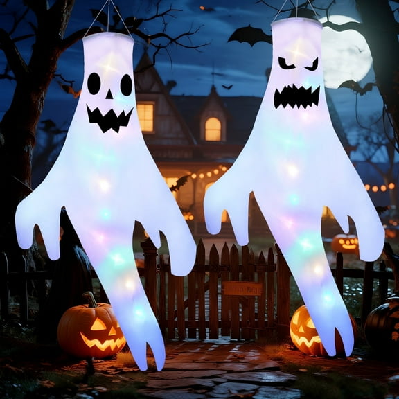 Qoosea 2 Pack Ghost Halloween Lights 4.26ft Large Hanging Glowing Ghost LED Halloween Decorations Outdoor, for Porch, Yard, Garden