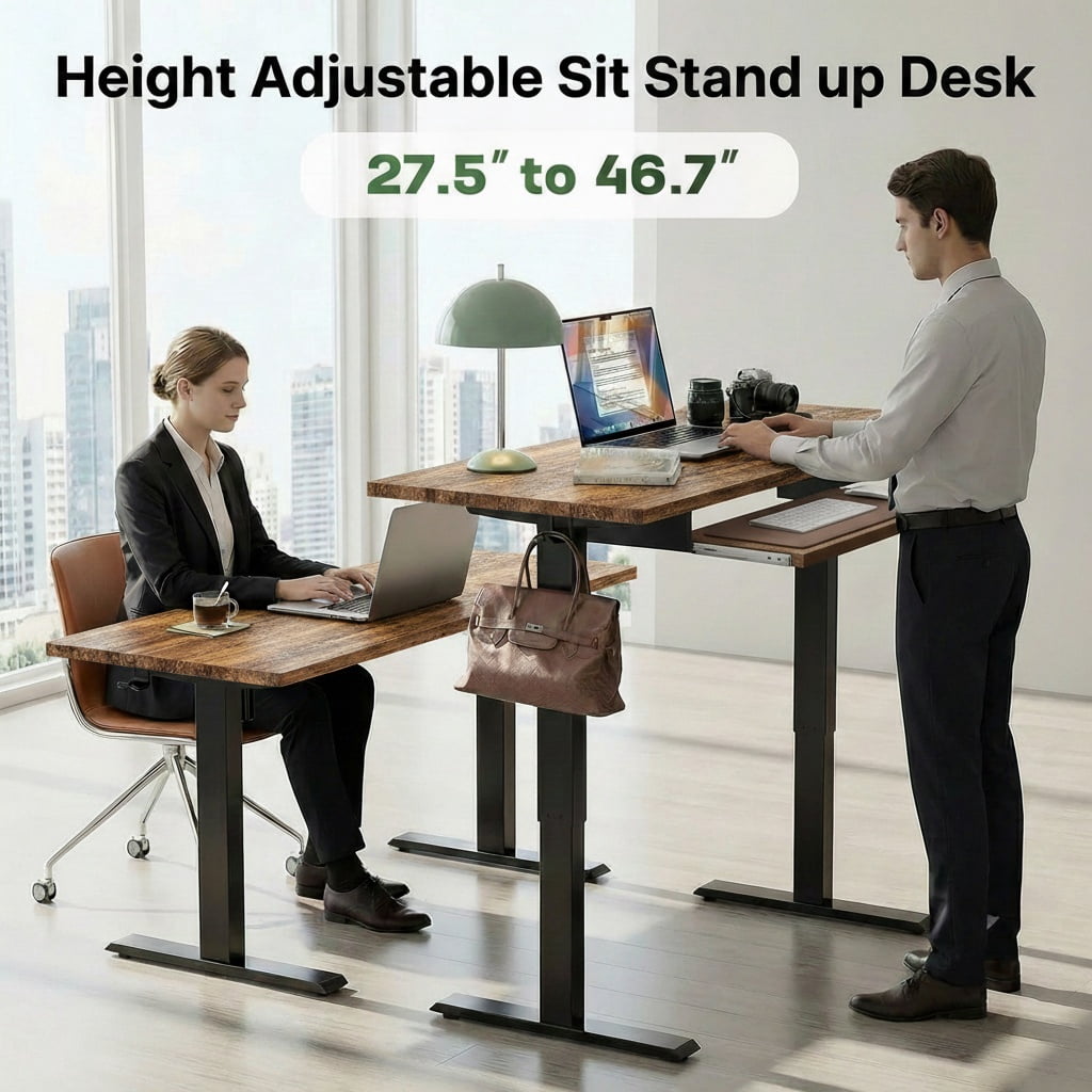 CHITOOMA Electric Standing Desk with Keyboard Tray, 48" x 24" Adjustable Height Sit Stand Up Desk, Home Office Gaming Desk Computer Workstation, Vintage Brown
