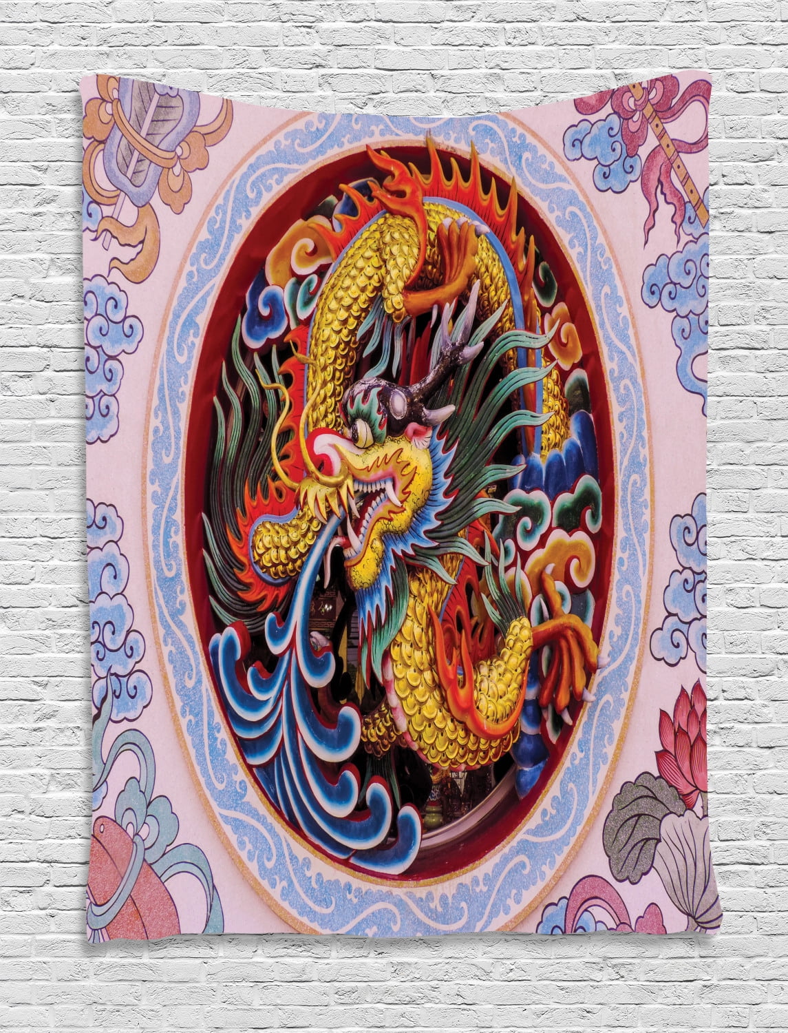 Dragon Tapestry, Chinese Dragon with Horns Mane and Claws Flower
