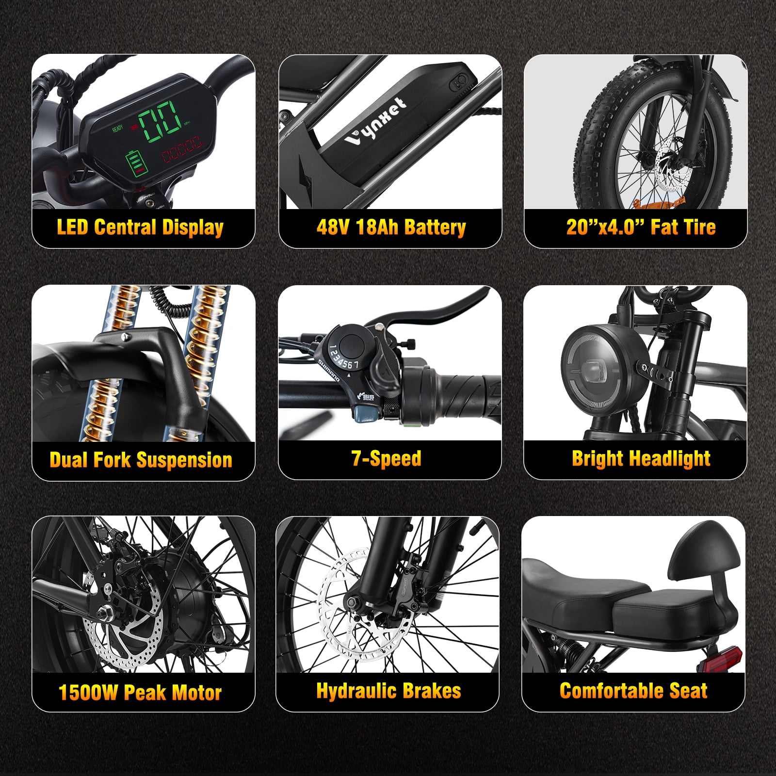 1500W Electric Bike, 20" Fat Tire E-Mountain Bikes, 48V 18Ah 32MPH Ebike for Adults Full Suspension UL2849, All-Terrain E-Bike, Black