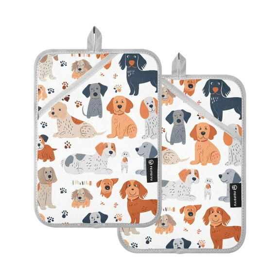 Cartoon Dogs and Footprints Pot Holders Set of 2 Heat Resistant Kitchen Oven Gloves Potholder Cooking Baking Microwave Mitts
