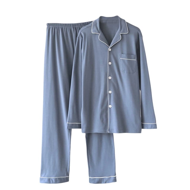 Floleo Mens Warm Long Sleeve Lapel Pajama Set Solid Color Loose Suitable Comfortable Home Wear Breathable For Fall Winter Season Concise Style Evening Walk(Light Blue,M)