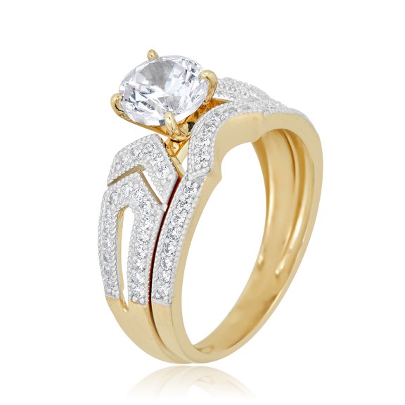 AVORA 10K Yellow Gold 1.25 Carat Pave Simulated Diamond CZ Anniversary Bridal Engagement Wedding Band Ring Set  - Size 7
