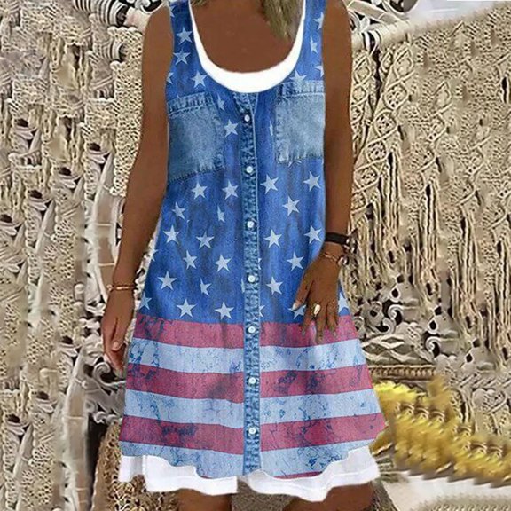 Baikeli Clearance Boho Dresses Fashion Women Casual Round-Neck Floral Printing Fake Two-Piece Sleeveless Dress Spring Dresses for Women