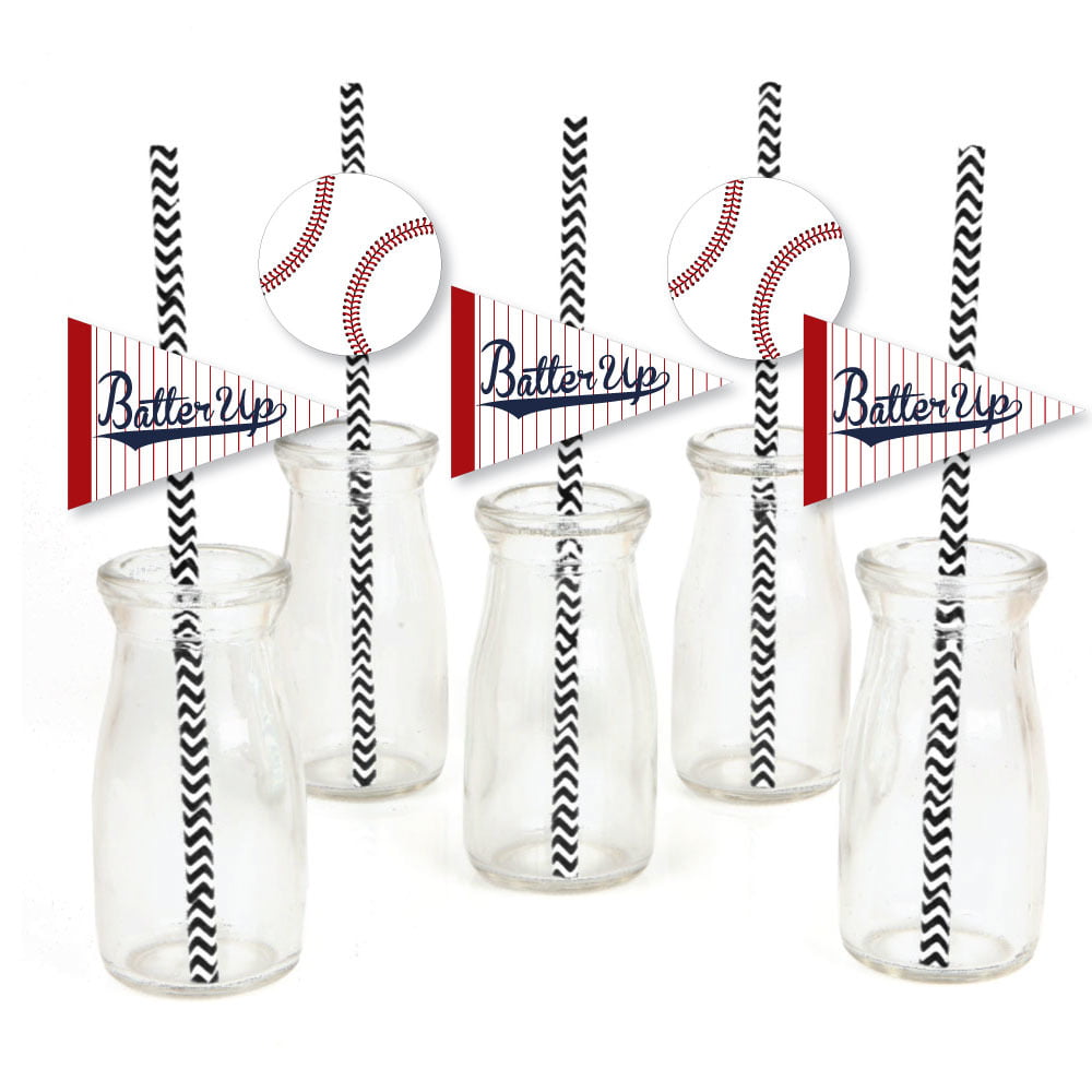 Batter Up - Baseball Paper Straw Decor - Baby Shower or Birthday Party Striped Decorative Straws - Set of 24