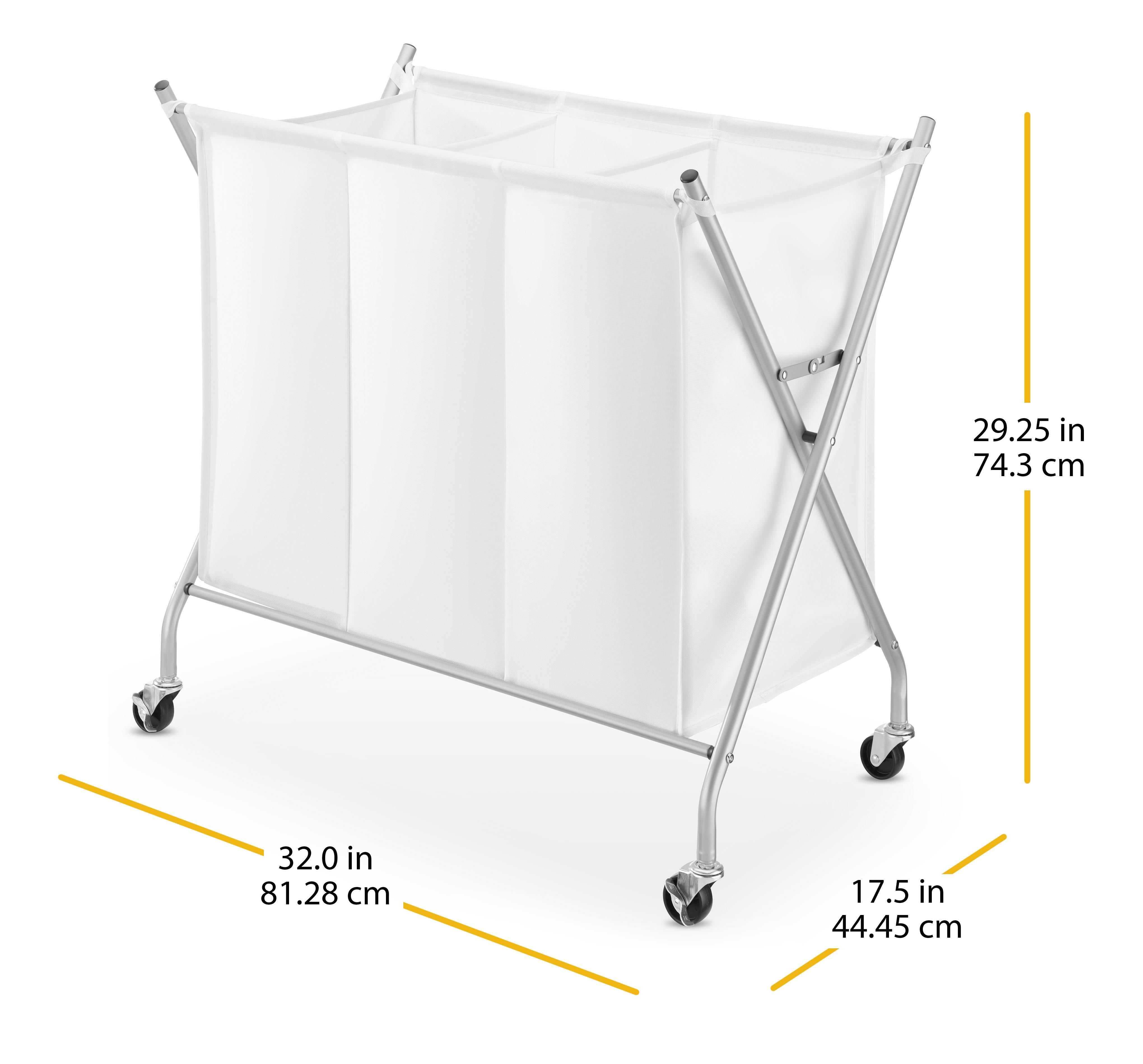 Whitmor 3-Section Rolling Laundry Sorter, Metal Frame with Fabric Laundry Bag, Silver/White