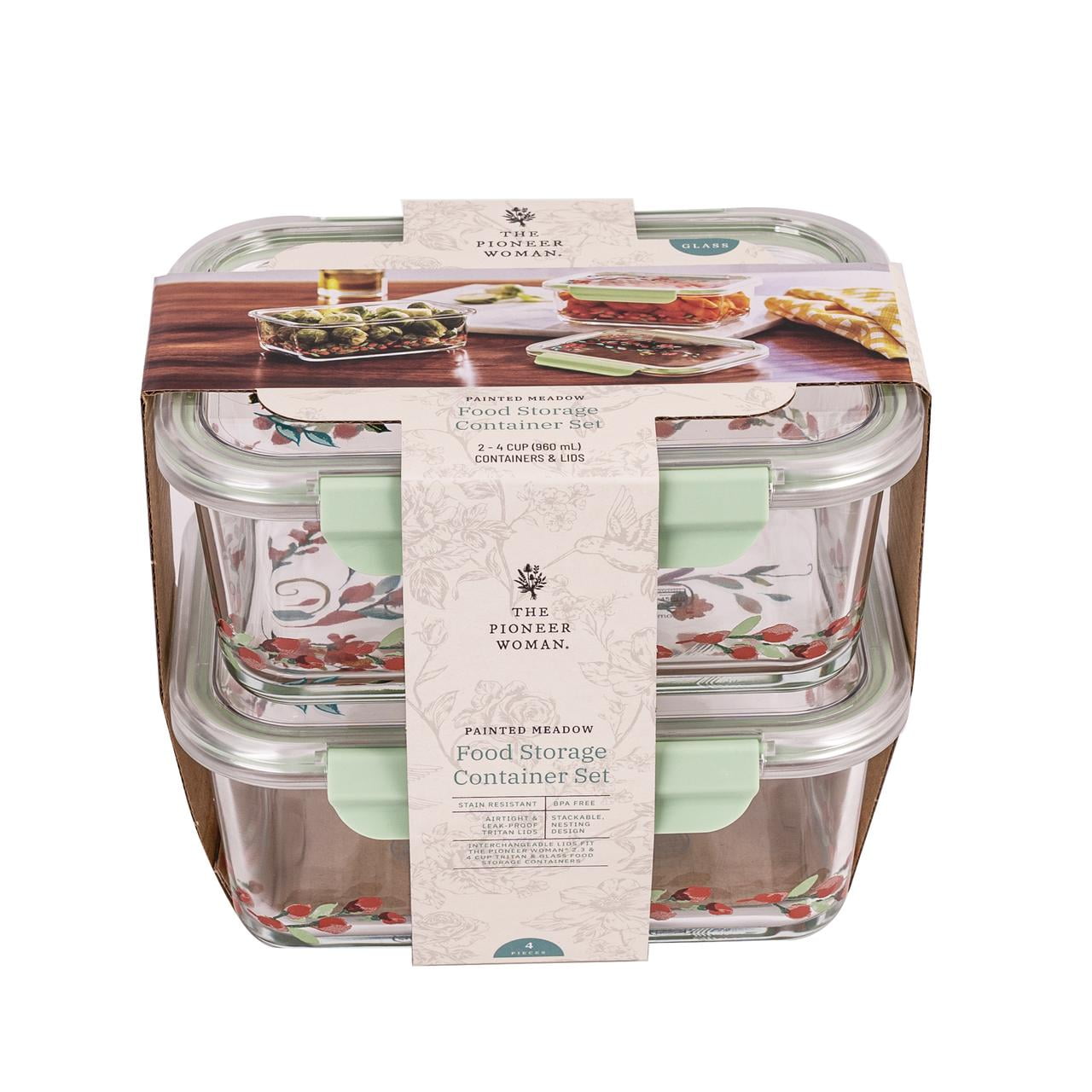 The Pioneer Woman Painted Meadow 4 Pieces 4 Cup Rectangle Glass Food Storage Containers with Tritan Lid. Set of 2