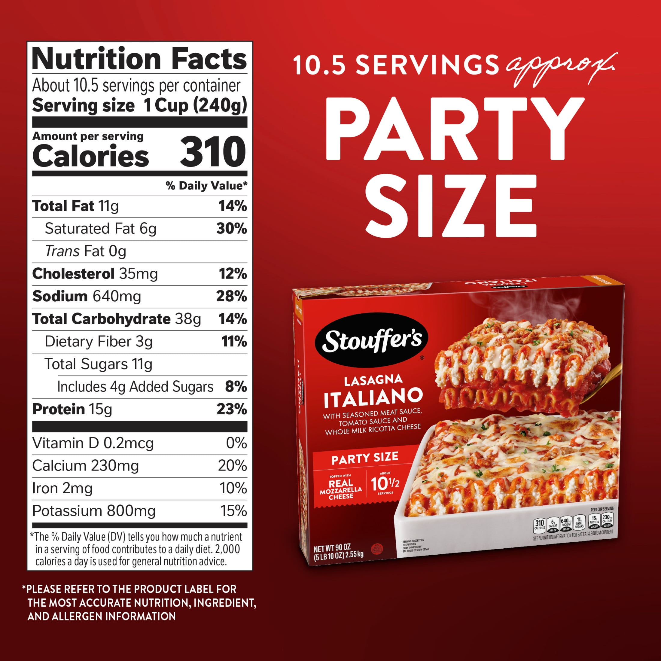 Stouffer’s Lasagna Italiano, Party Size Lasagna, Frozen Dinners, 90 oz (Frozen)