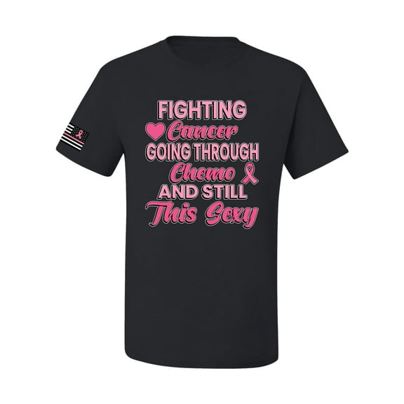 Wild Bobby, Fighting Cancer And Still Sexy USA Flag Sleeve Breast Cancer Awareness Unisex Tee, Black, Small