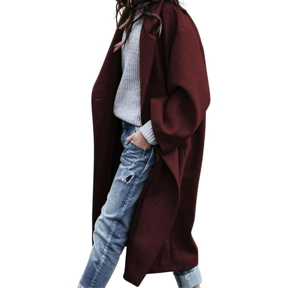 FUNING  Women's Oversized Notched Collar Wool Blend Single Breast Midi Long Trench Coat