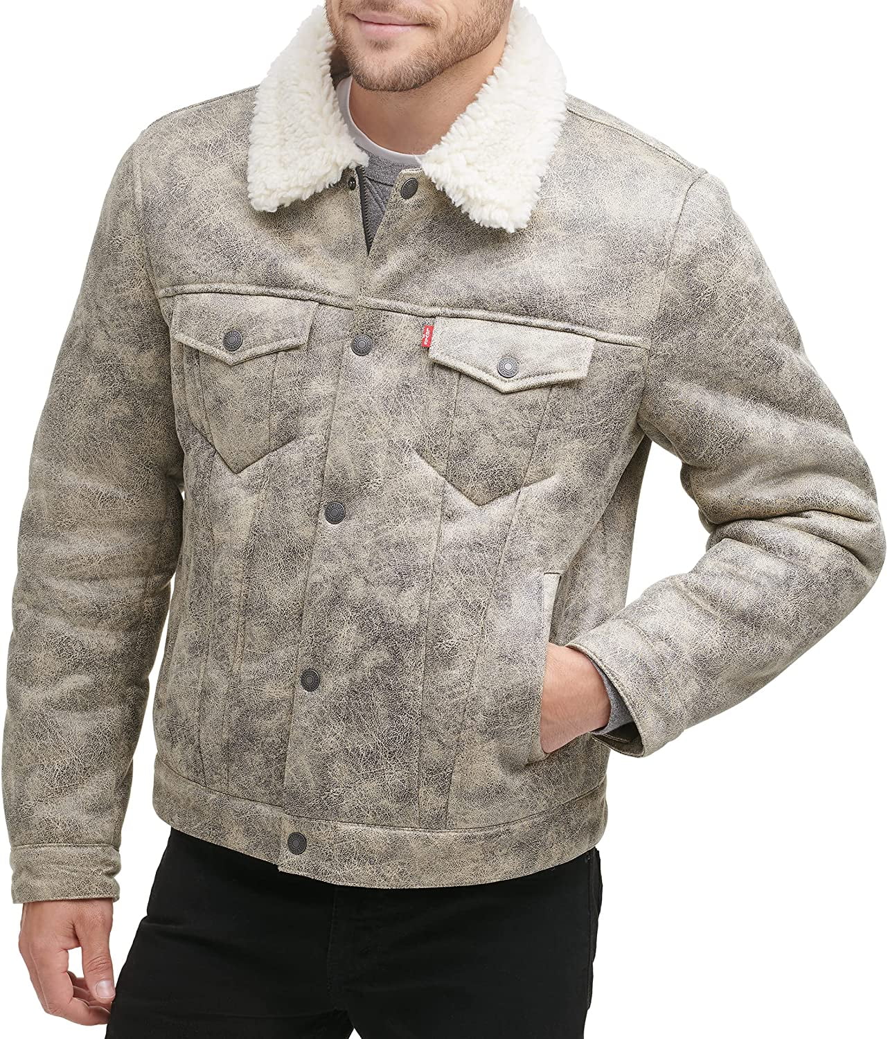Levis Mens Faux Leather Sherpa Lined Trucker Jacket Standard X-Large Grey  Faux Shearling 