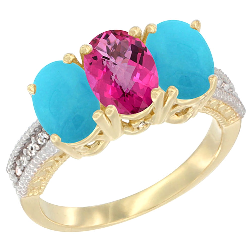 14K Yellow Gold Natural Pink Topaz & Turquoise Sides Ring 3-Stone 7x5 mm Oval Diamond Accent, sizes 5 10 by WorldJewels