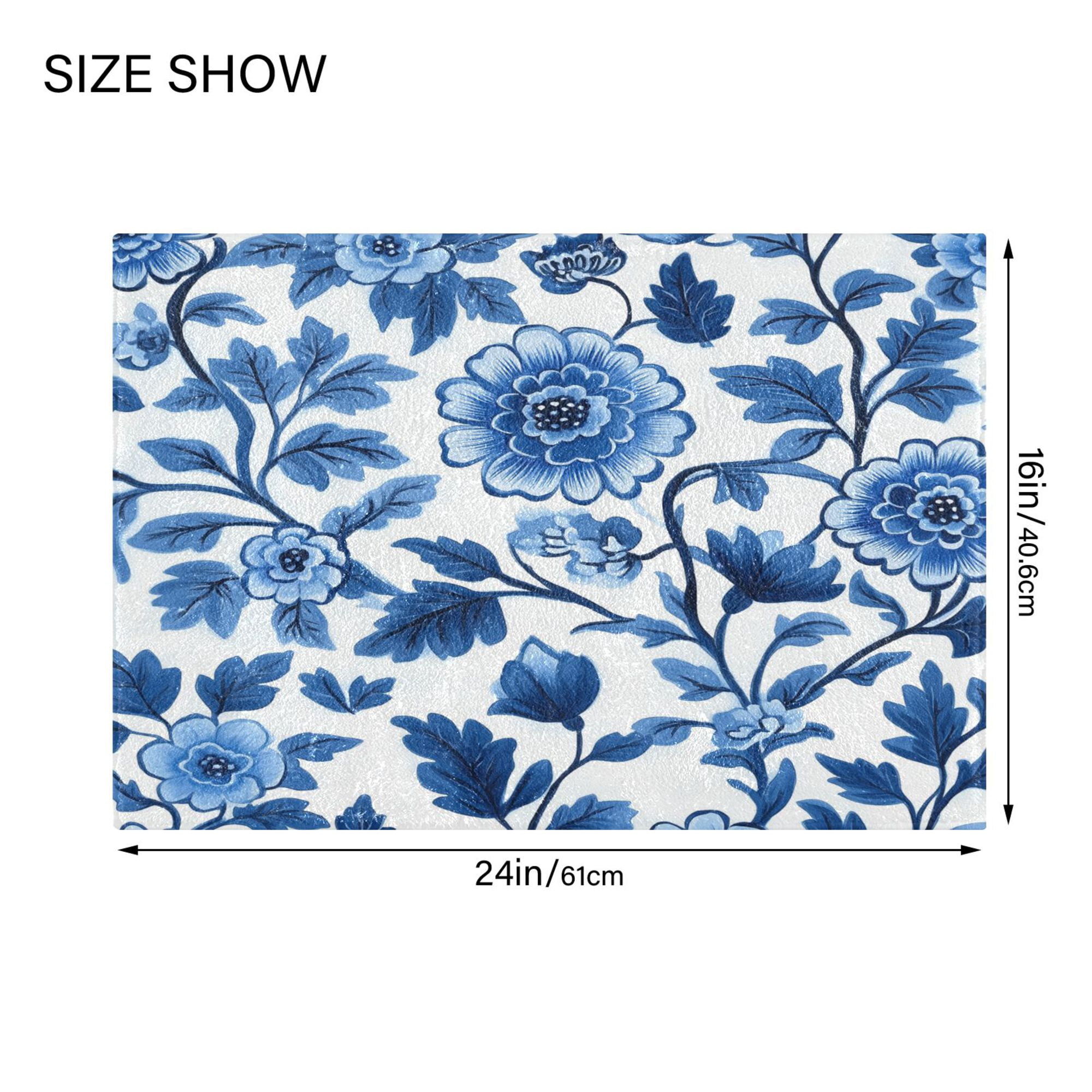 Yayeee Bath Rug for Bathroom Floor Non Slip Rectangle Fluffy Soft Absorbent Mat, 16"x24", Blue Floral Pattern