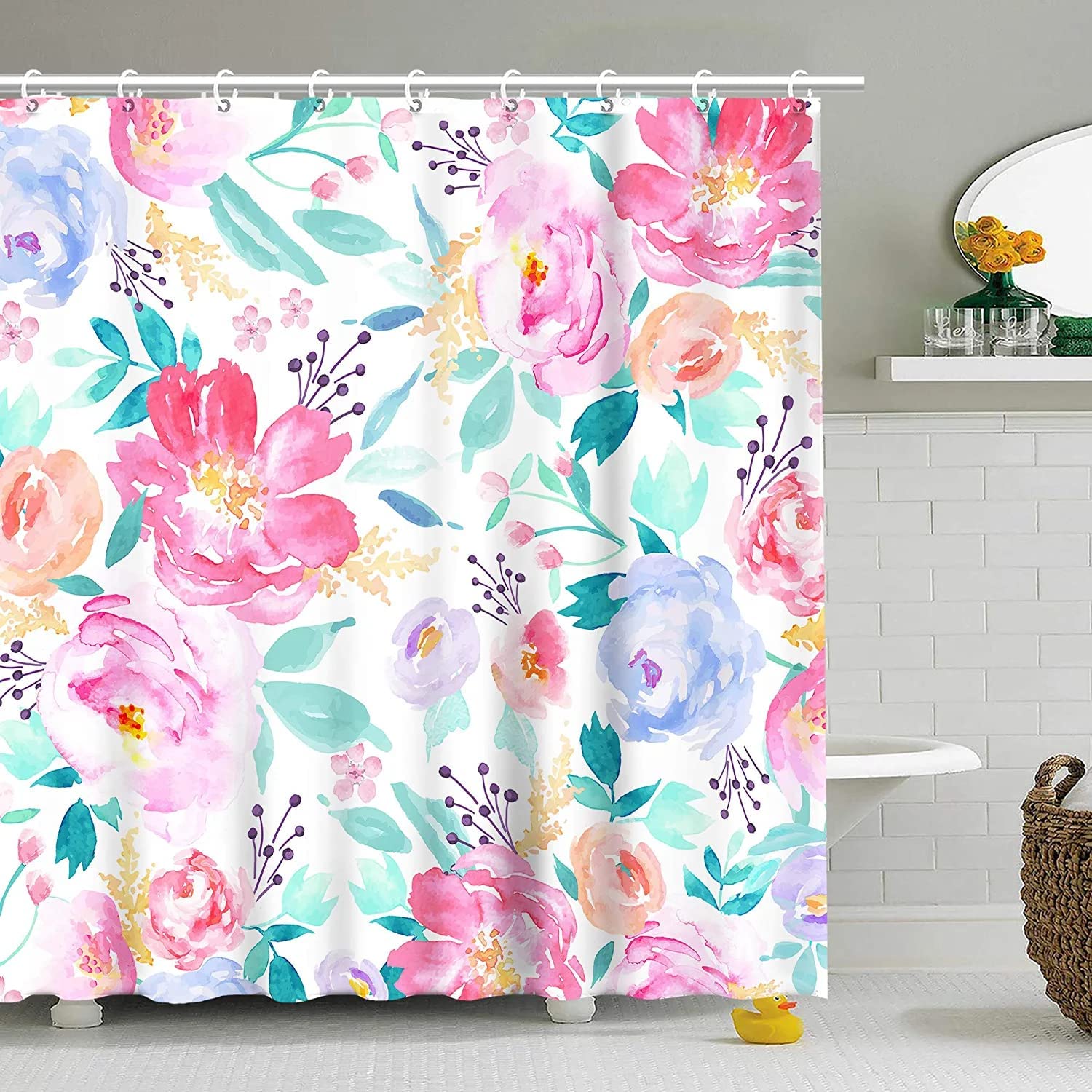 Pink Floral Shower Curtains for Bathroom Flower Shower Curtain Watercolor Girls Shower Curtain Set with Hooks Pretty Colorful Flowered Bathroom Decor, 72" W x 72" H
