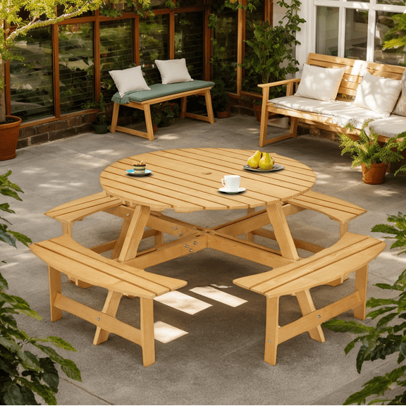 Eyisean 8 Person Circular Outdoor Wooden Picnic Table, Round Picnic Table with Umbrella Hole, 4 Built-in Benches, Outside Table and Bench Set for Patio, Backyard, Garden, 500lbs Capacity Per Bench
