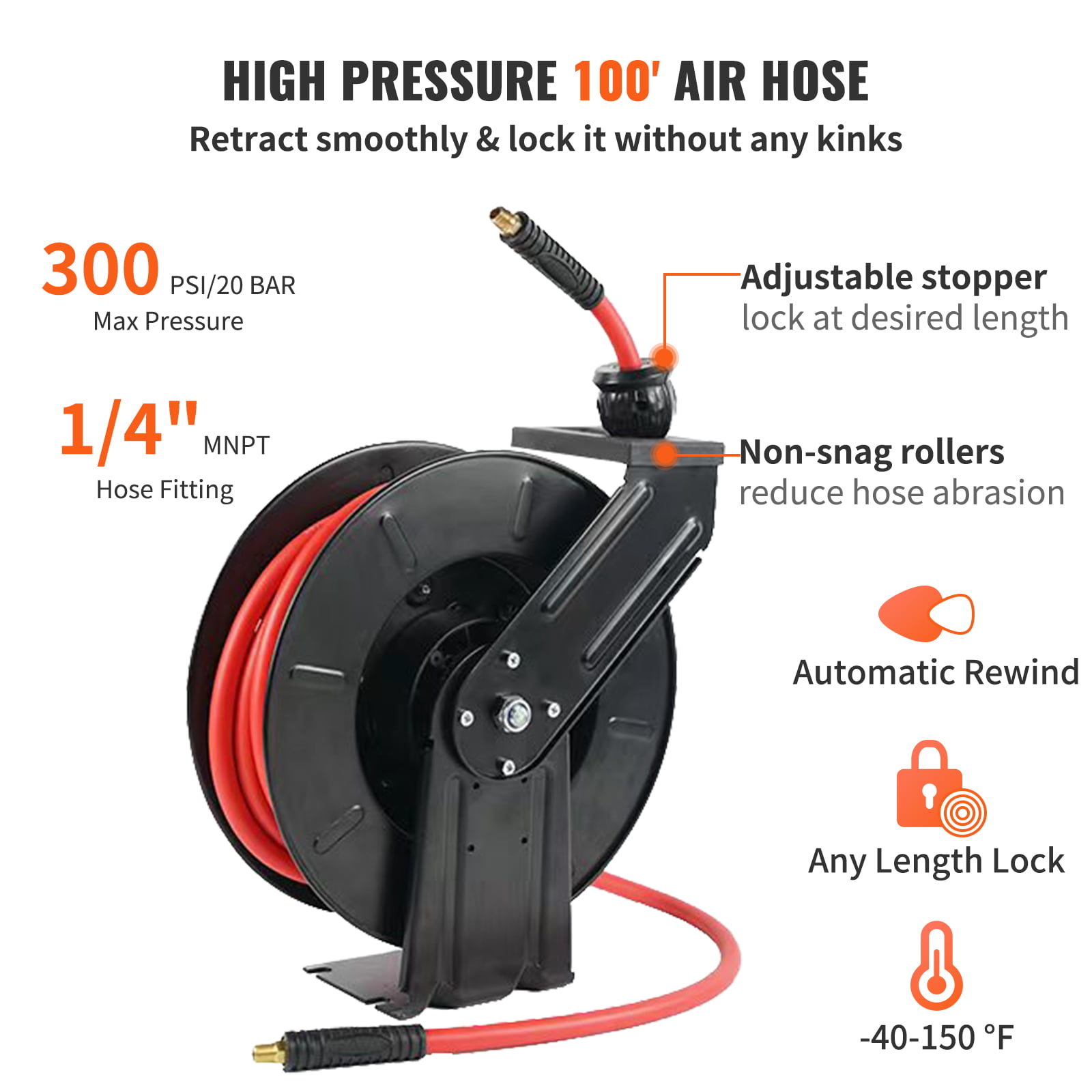 VEVOR Air Hose Reel, 3/8 IN x 100 FT Retractable Hybrid Polymer Hose MAX  300PSI, Pneumatic Ceiling / Wall Mount Heavy Duty Double Arm Steel Reel  Auto Rewind 