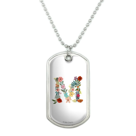 Letter M Floral Monogram Initial Military Dog Tag Pendant Necklace with Chain