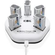 EBL Fast 9V Battery Charger Individual USB Battery Charger with 5-Pack 9V Li ion Rechargeable Batteries 600mAh