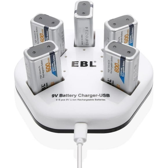 EBL Fast 9V Battery Charger Chargeur de batterie USB individuel avec 5 piles rechargeables Li ion 9V 600mAh