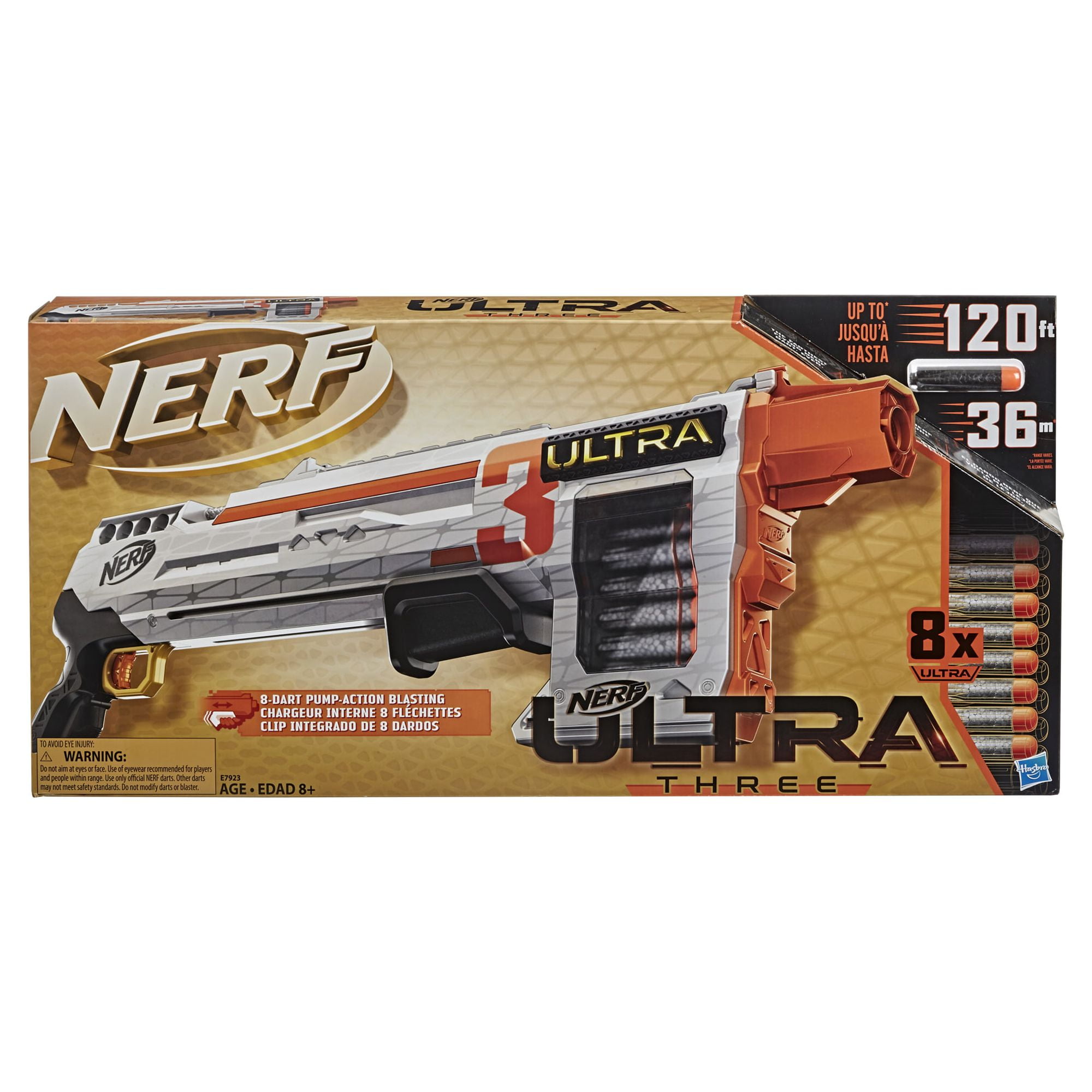 Nerf Ultra Three Blaster, Pump-Action, 8-Dart Clip, 8 Nerf Ultra Darts