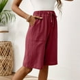 thumbnail image 7 of TQWQT Pedal Pushers for Women Bermuda Shorts Knee Length Trendy Summer Elastic Waist Comfy Shorts Dressy Casual Linen Capris with Pockets Red 2XL, 7 of 7
