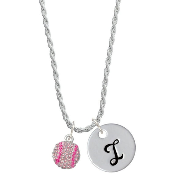 Delight Jewelry Silvertone Small Sparkle Pink AB Softball Silvertone Script Initial Disc - I - Charm Necklace, 20"+3"