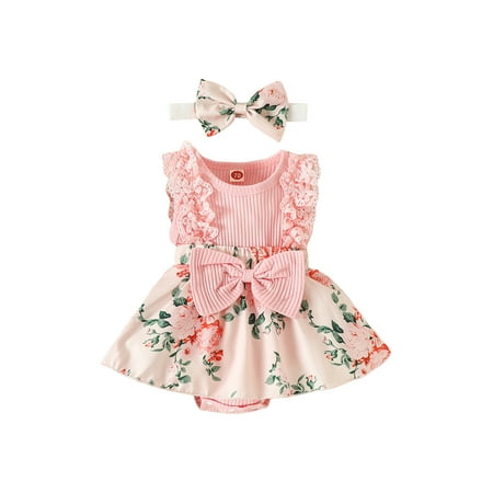 

Qtinghua Newborn Baby Girls Summer Clothes Floral Romper Dress Lace Ruffle Sleeve Ribbed Jumpsuit with Headband Set Pink 6-12 Months