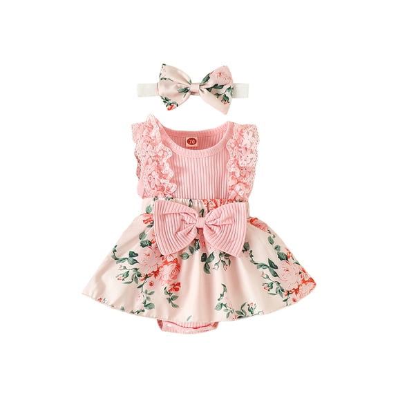 BemeyourBBs Newborn Baby Girls Summer Clothes Cute Infant Baby Girls Romper Dress Rib Knit Flower Print Lace Sleeveless Front Bowknot Princess Dress Headband