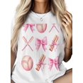 thumbnail image 2 of Women's T-Shirt Pink Cartoon Sweet Bow Baseball Bat Short Sleeve Casual Tee Classic Crew Neck T Shirt for Women White, M, 2 of 7