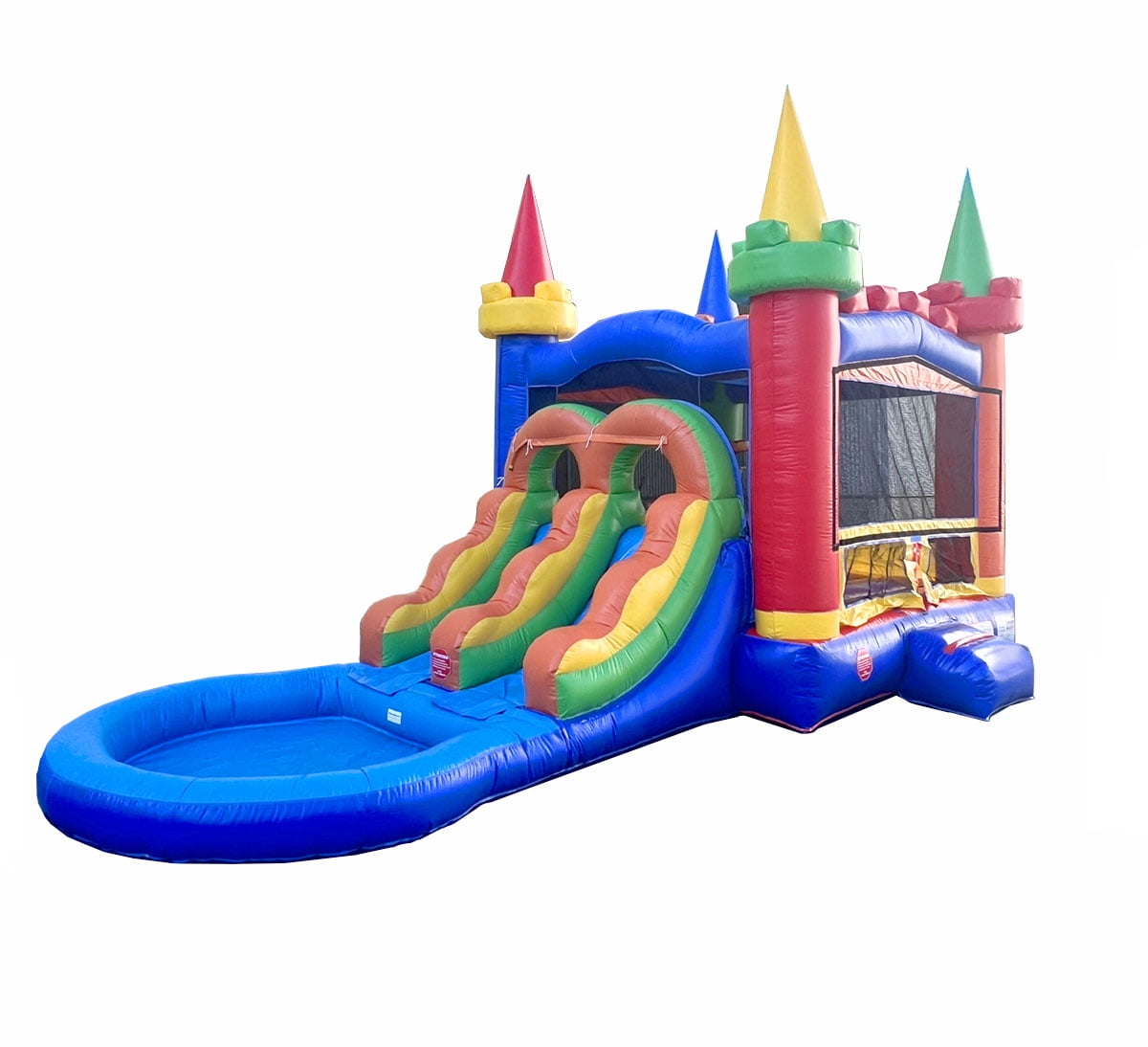 Pogo Bounce House Crossover Bounce House with Water Slide, Modular Rainbow Dual Slide with Splash Pool