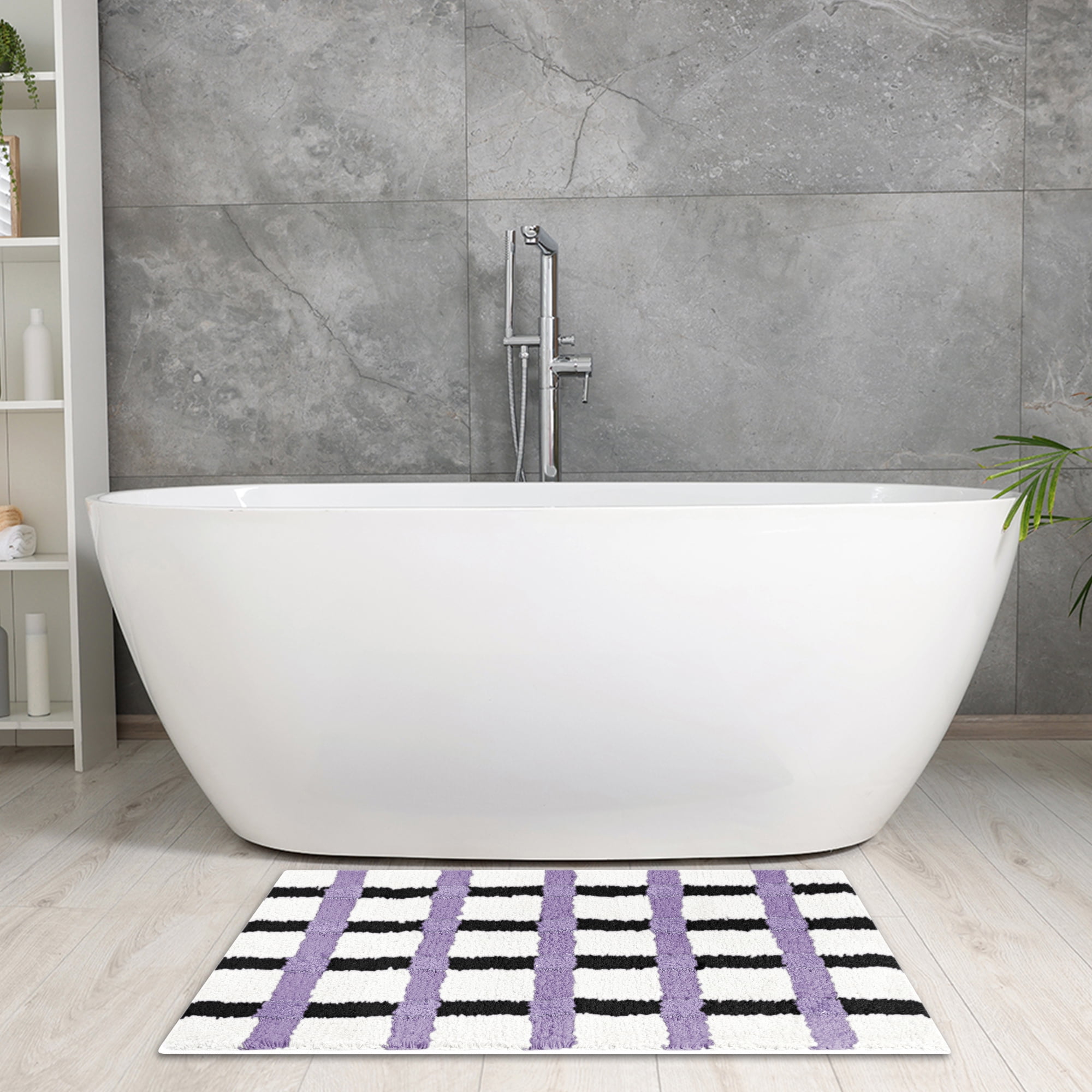 Unique Bargains Checkered Non Slip Bath Mats Fluffy Absorbent Rugs Purple Black 16" x 24"