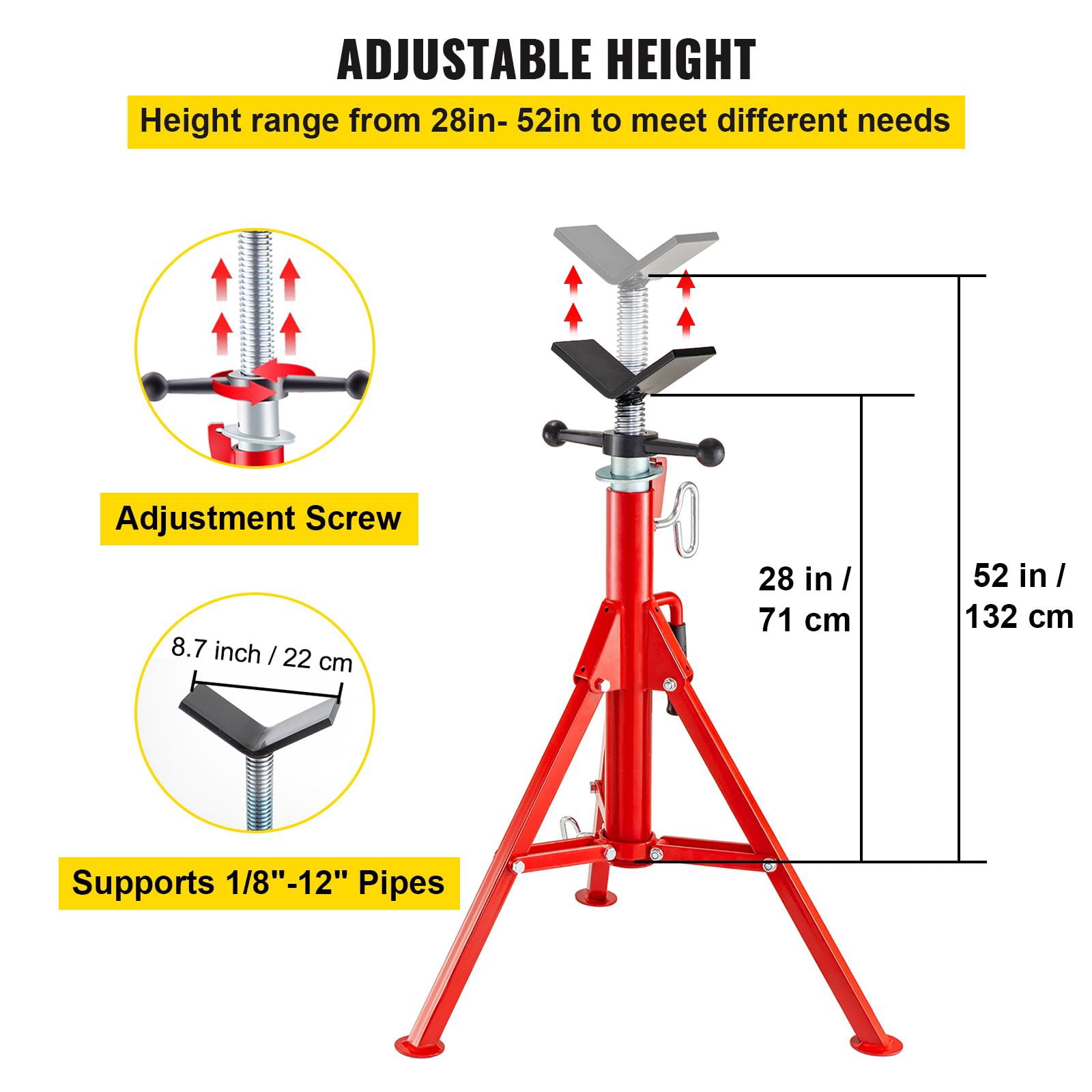 V Head Pipe Stand Adjustable Height 28-52",Pipe Jack Stands 2500 LB. Capacity,Folding Portable Pipe Stands 1/2 to 12"Pipe Supporting,Steel Jack Stands