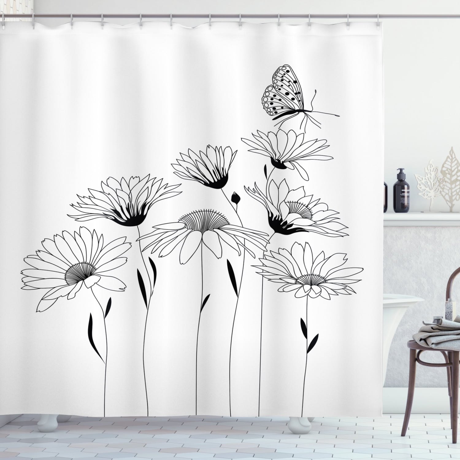 Ambesonne Daisy Shower Curtain, Sketch Fauna and Flora, 69"Wx75"L
