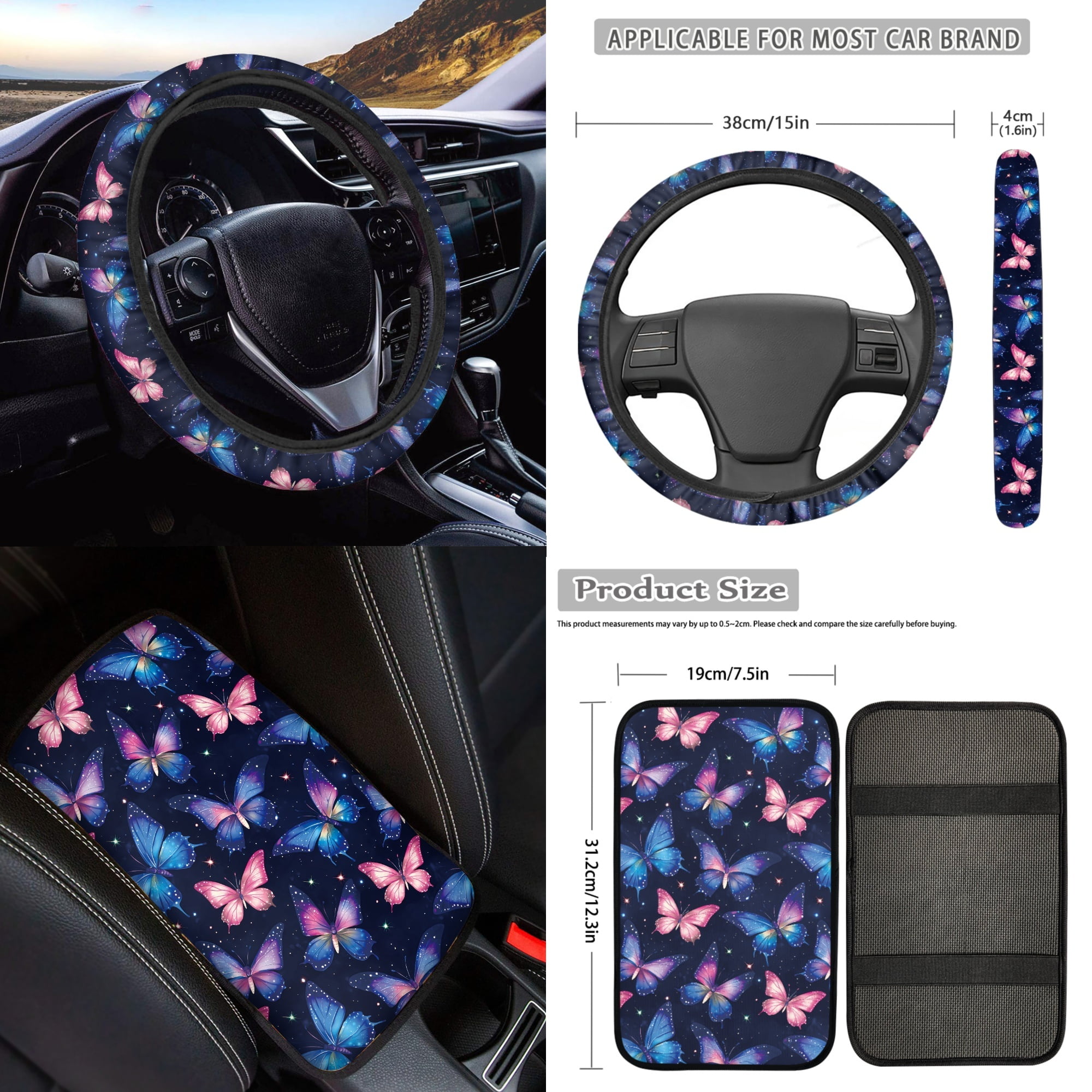 Jeiento Butterfly Car Accessories Full Set for Women, Automotive Vehicle Seat Cover, Decorative Car Floor Mat Steering Wheel Cover Center Console Pad Fit for SUV Van Truck Sedan, Blue Pink