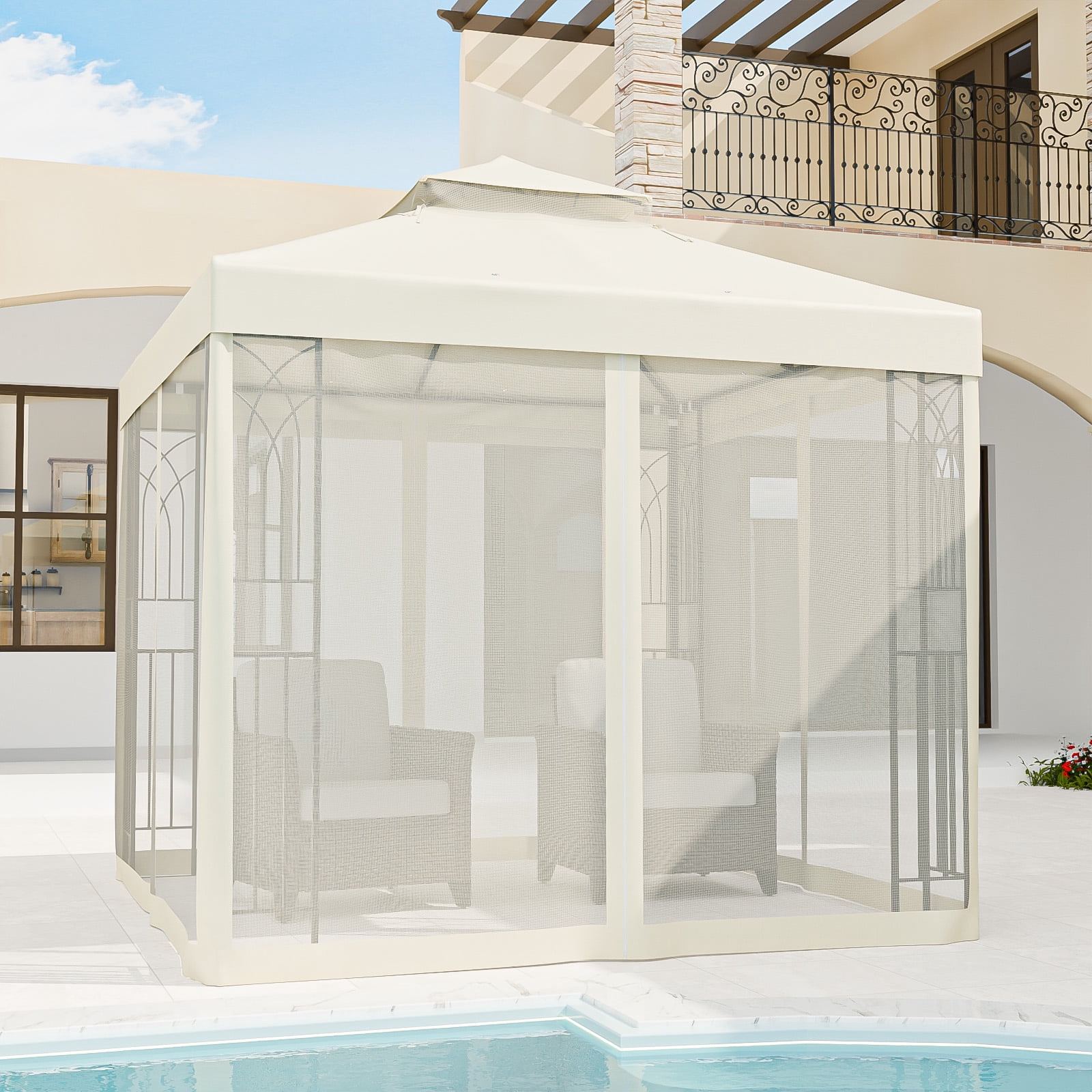 INTER HUT 8x8 Metal Patio Double Soft Roof Gazebo Outdoor Canopy Tent with Netting, Ceiling Hook, Shelves
